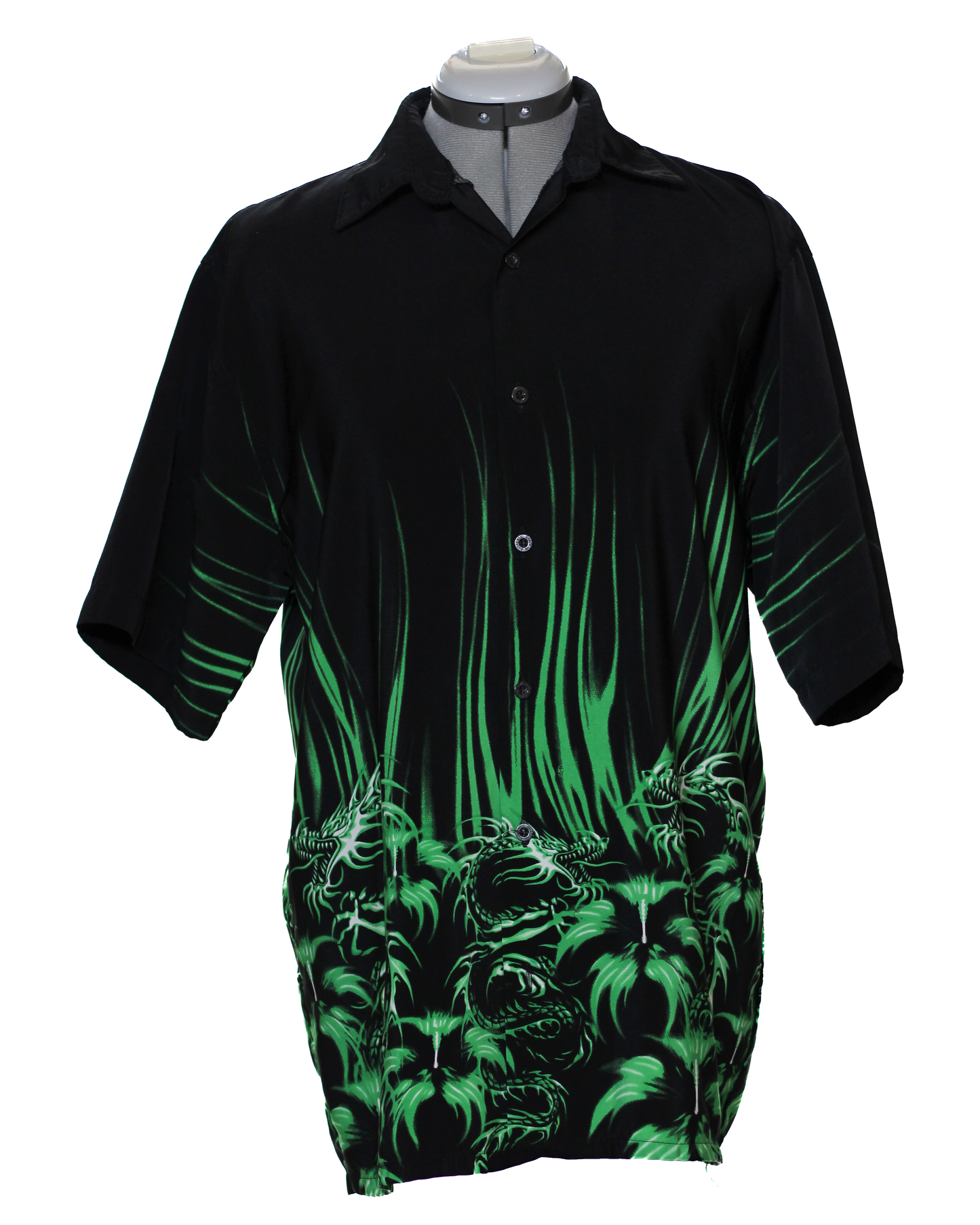 Camisa hawaiana con estampado de llamas de dragón verde y negro para hombre