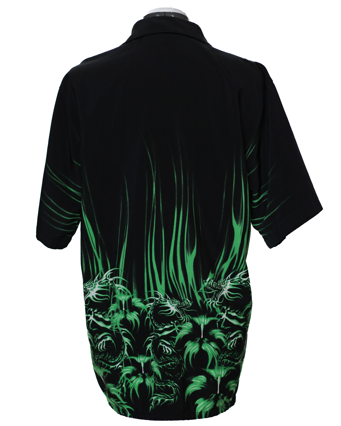 Camisa hawaiana con estampado de llamas de dragón verde y negro para hombre