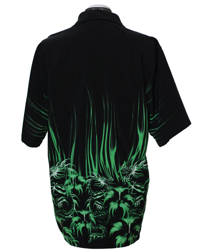 Camisa hawaiana con estampado de llamas de dragón verde y negro para hombre